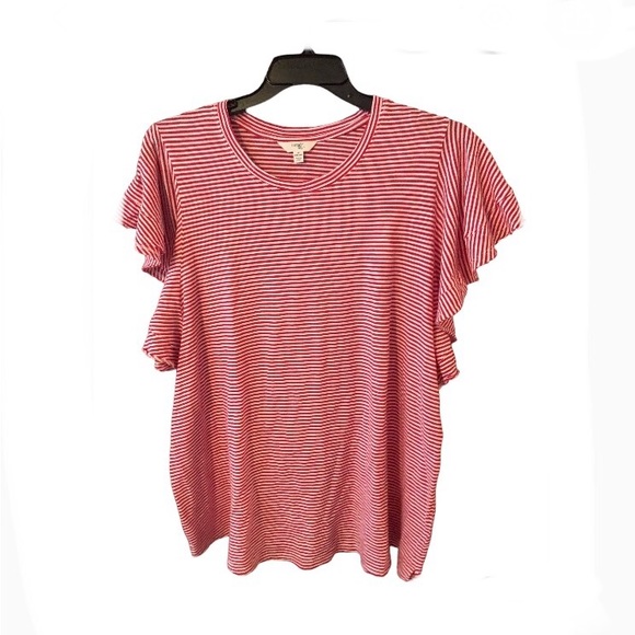 Terra & Sky Tops - NWT terra & sky women’s T-shirt, pink and white stripe, fluffy sleeve, 1X
